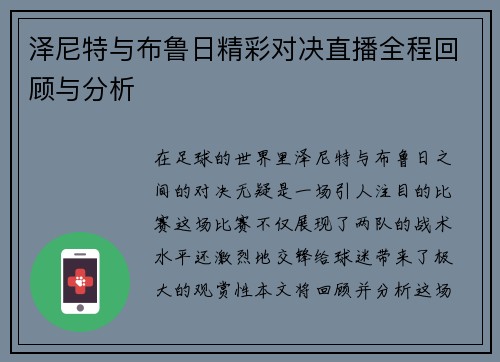 泽尼特与布鲁日精彩对决直播全程回顾与分析